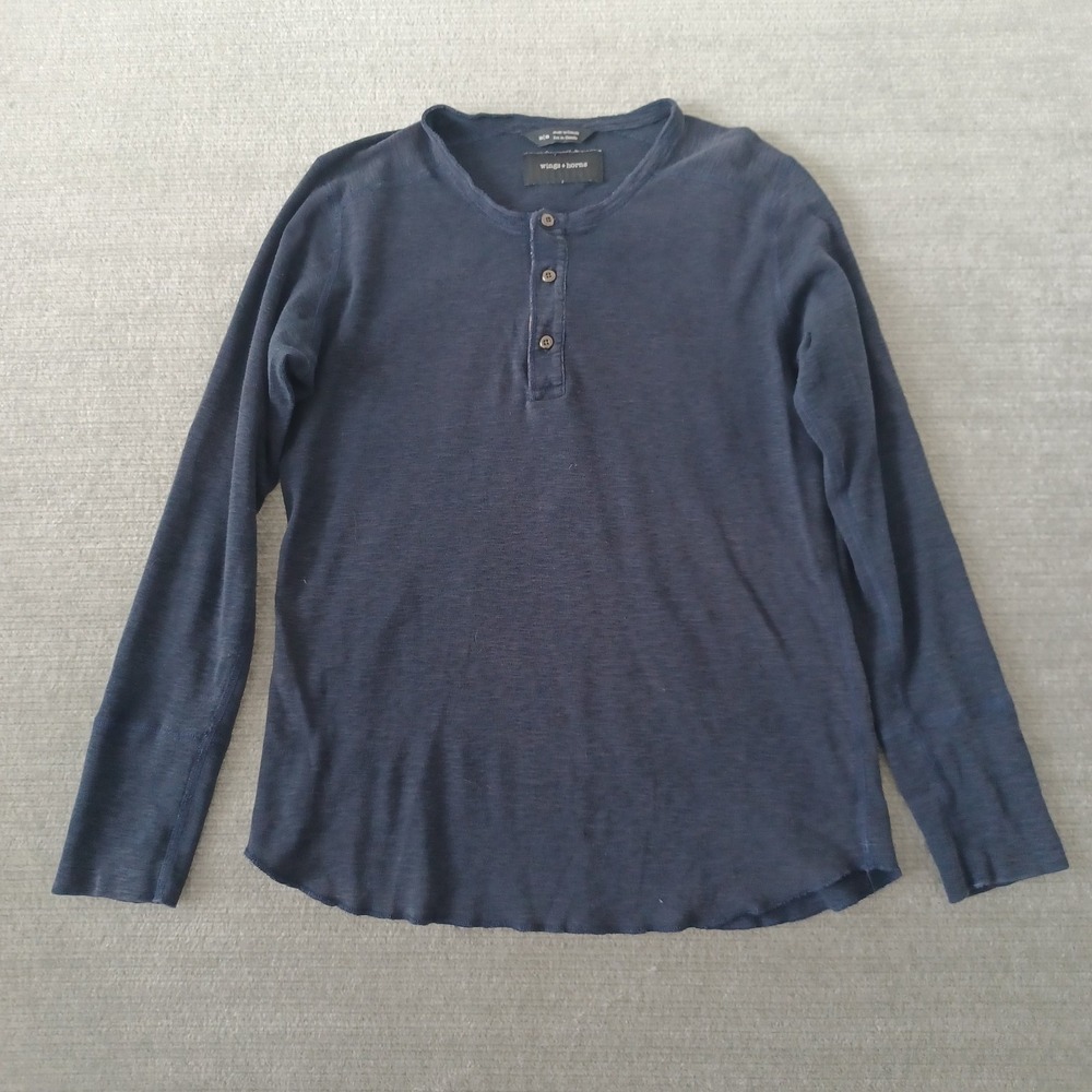 Wings & Horns Henley Shirt Mens Medium Raw Hem Casual Stretch Lightweight